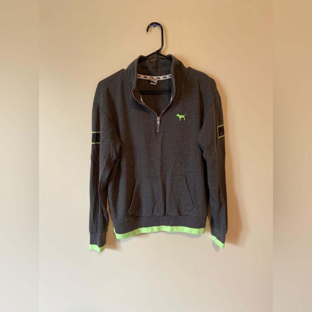 VS PINK Quarter Zip Sweatshirt in Grey with Black & Neon Green details - size XS